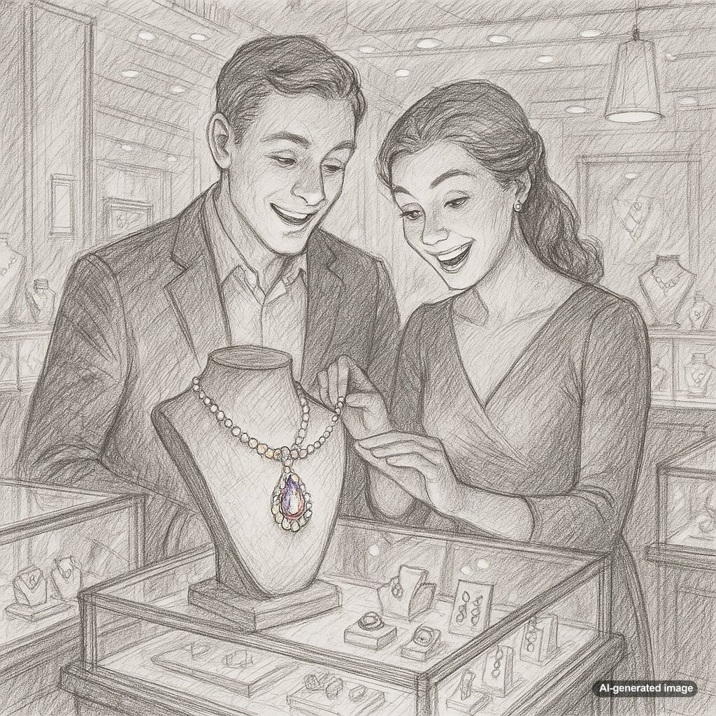 Close-up of a woman's hands holding an open vintage jewelry box containing heirloom gemstone rings and a necklace