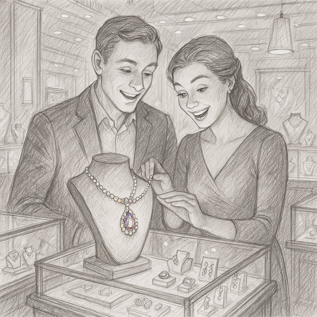 Close-up of a woman's hands holding an open vintage jewelry box containing heirloom gemstone rings and a necklace