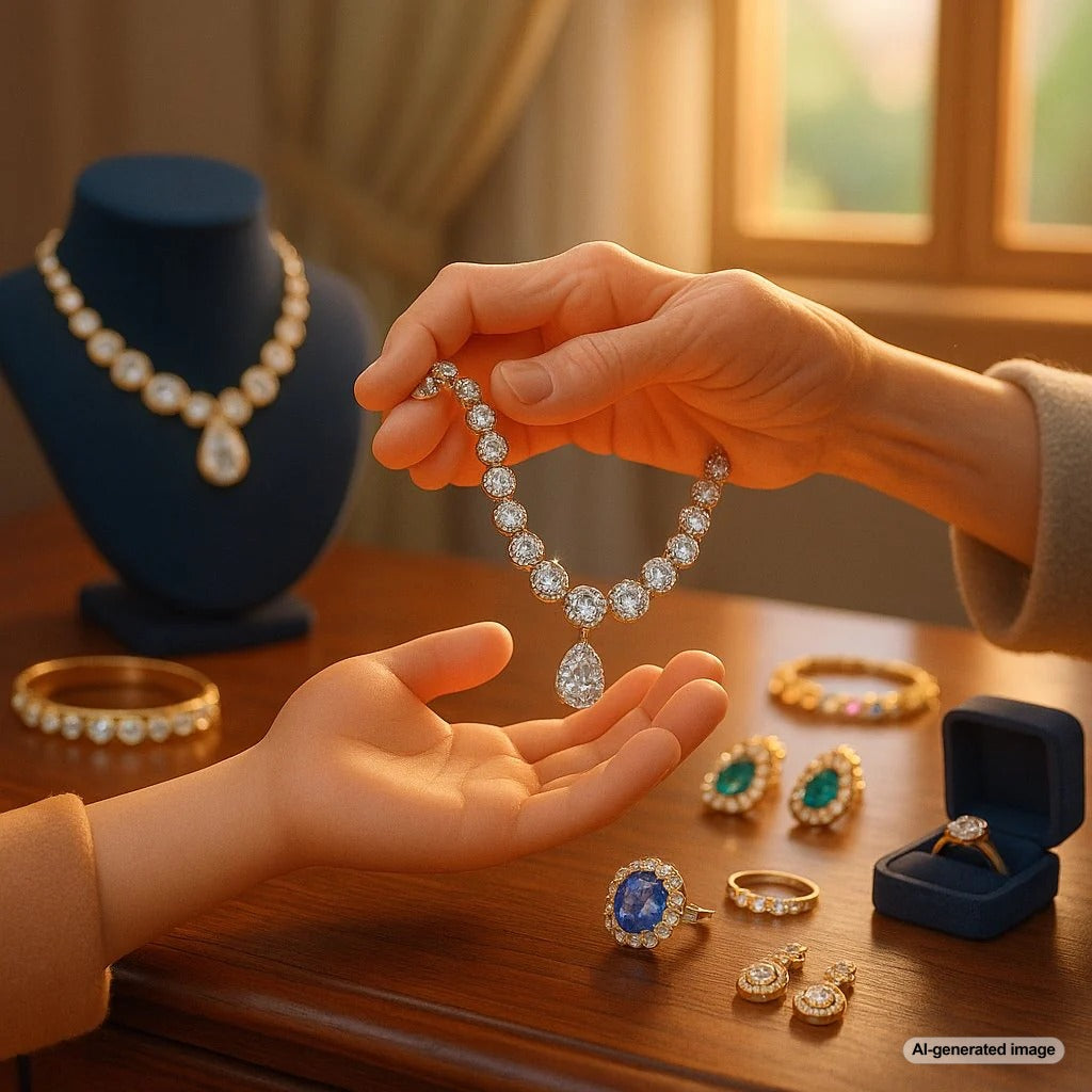 Multi-generational hands wearing heirloom jewelry pieces including rings and bracelets