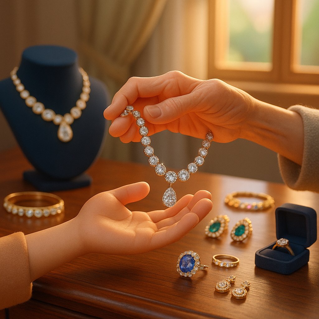 Multi-generational hands wearing heirloom jewelry pieces including rings and bracelets
