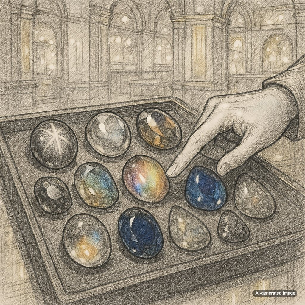 Close up collection of phenomenal gemstones exhibiting asterism, chatoyancy, color change, and aventurescence effects