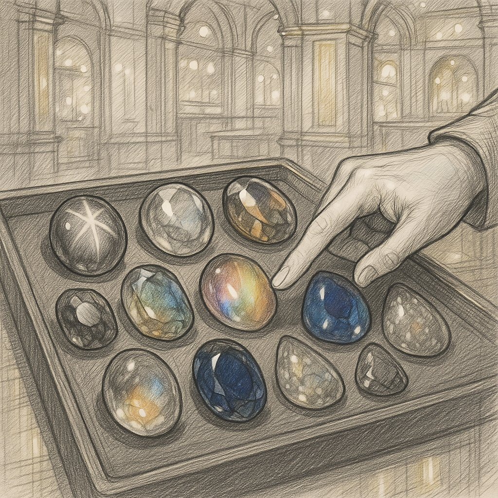 Close up collection of phenomenal gemstones exhibiting asterism, chatoyancy, color change, and aventurescence effects