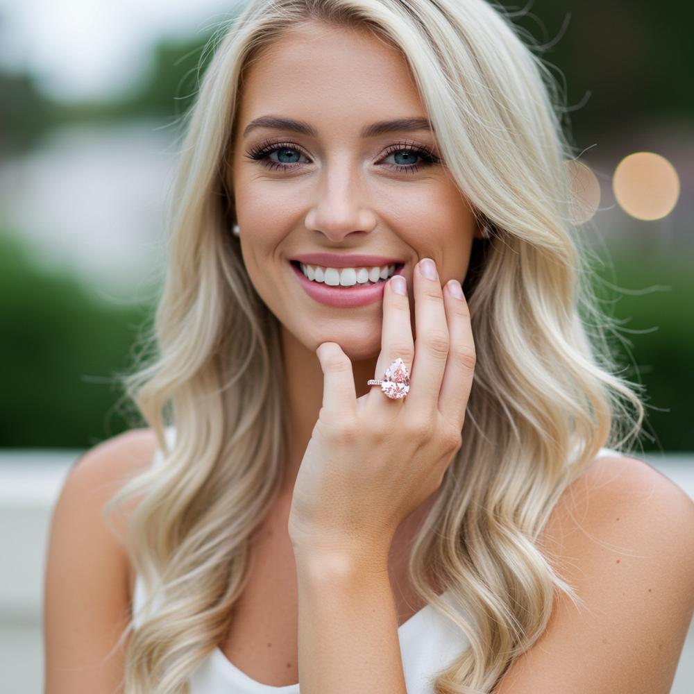 Elegant pink pear diamond engagement ring with sparkling halo setting