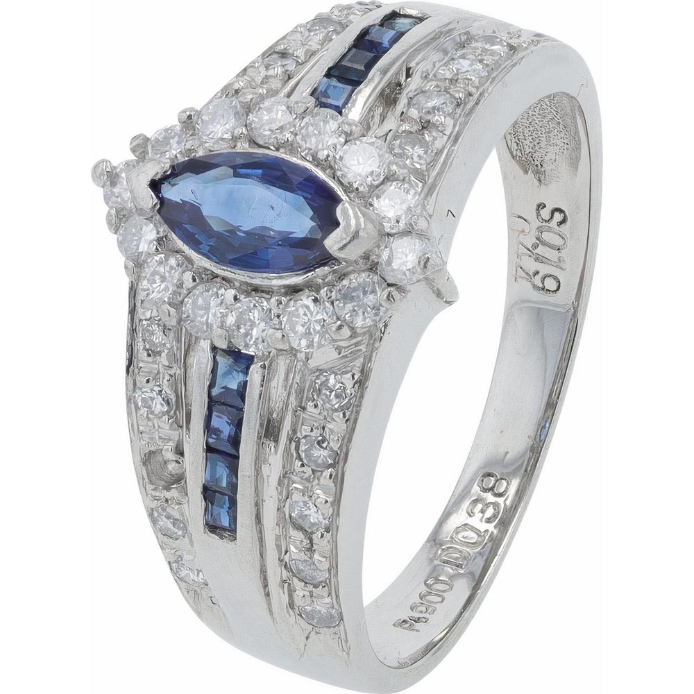 Platinum Marquise Sapphire Ring with Channel-Set Baguette Sapphires and Pave Diamonds