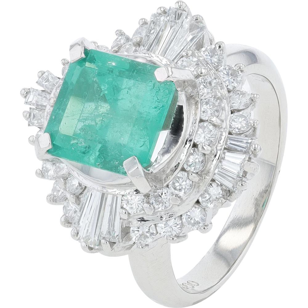 Platinum Colombian Emerald Ring with Diamond Halo