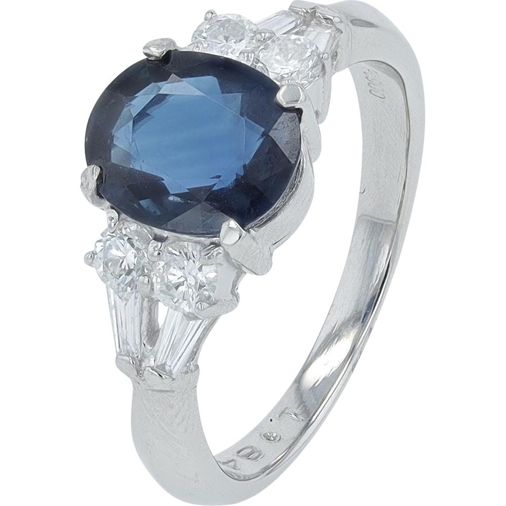 Platinum 900 Blue Sapphire Ring with Diamond Halo featuring a 1.84-carat sapphire and 0.46-carat diamond total weight
