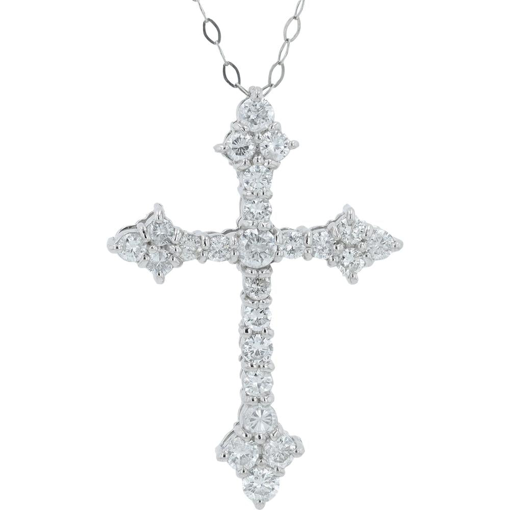 Platinum diamond cross pendant with round brilliant diamonds available at Robinson's Jewelers.