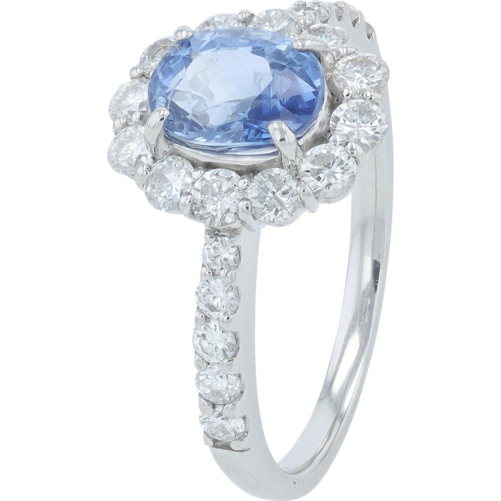 Platinum halo ring with 1.60 carat heated Sri Lanka sapphire and 0.82 carat diamond halo