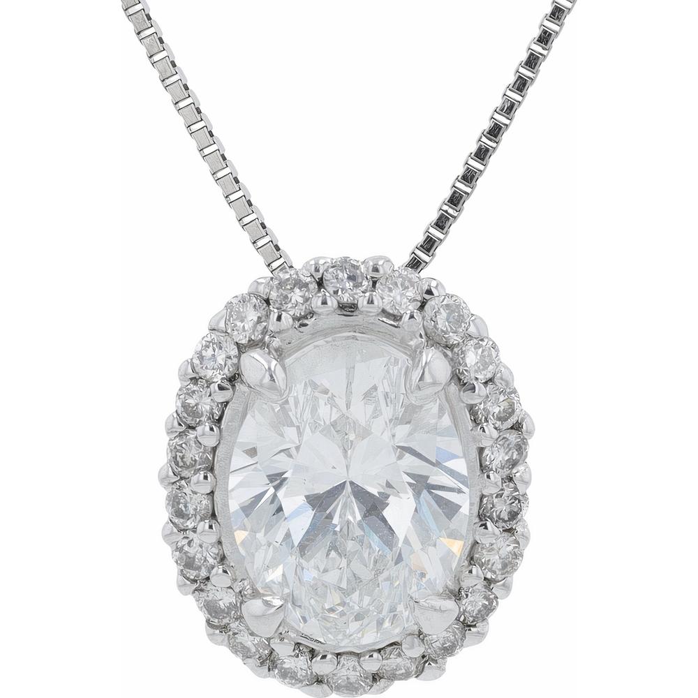 Platinum Oval-Cut Diamond Halo Pendant with 1.14 Carats Total Diamond Weight on 18-Inch Chain