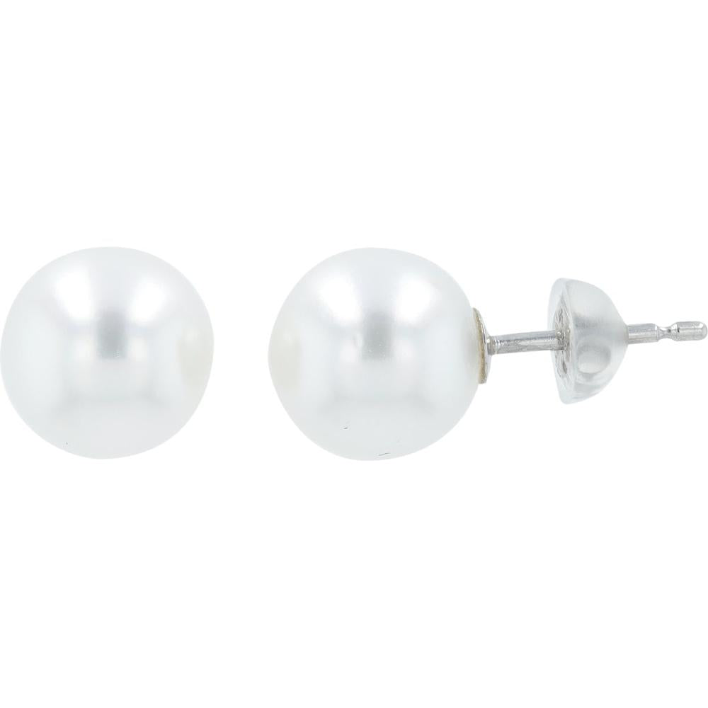 Platinum pearl stud earrings with 9.7 mm round pearls