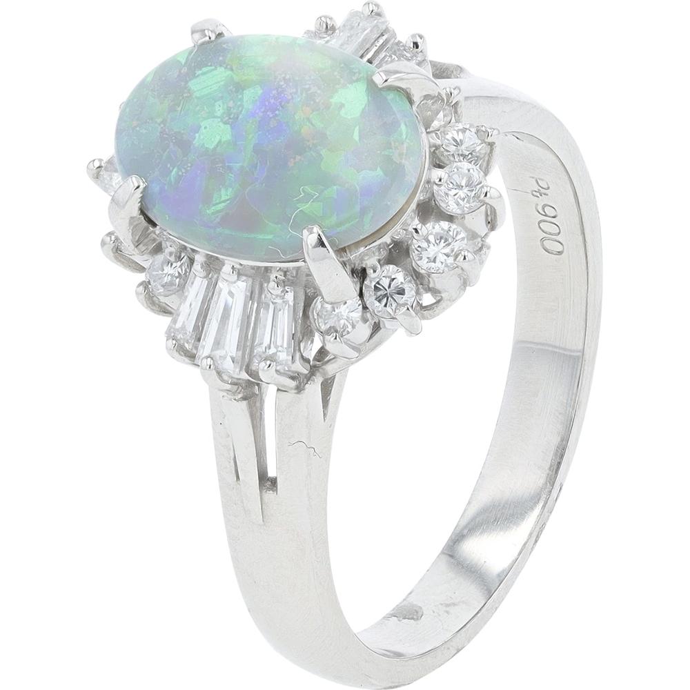 Platinum ring with 1.05 carat opal center and 0.39 carat diamond halo