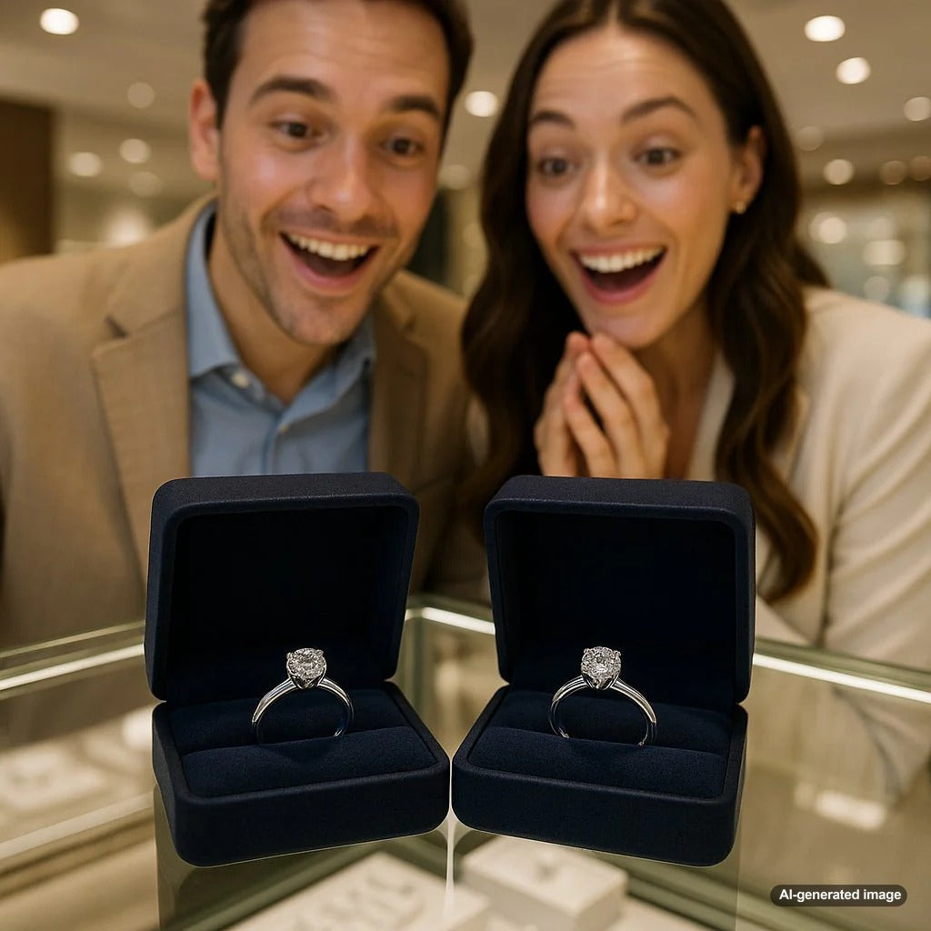 Side by side comparison of a platinum and a white gold engagement ring, showcasing their unique luster and beauty.