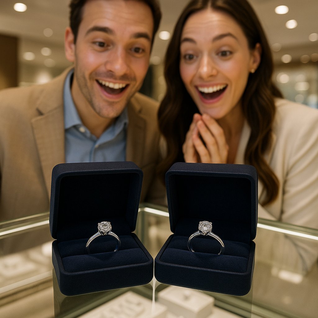 Side by side comparison of a platinum and a white gold engagement ring, showcasing their unique luster and beauty.