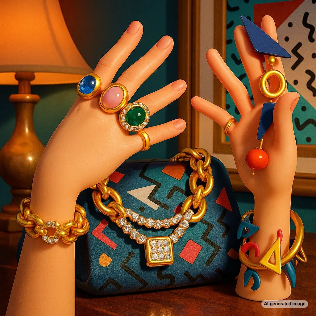 Eclectic postmodern jewelry collection featuring mixed metals, unusual shapes, and historical references