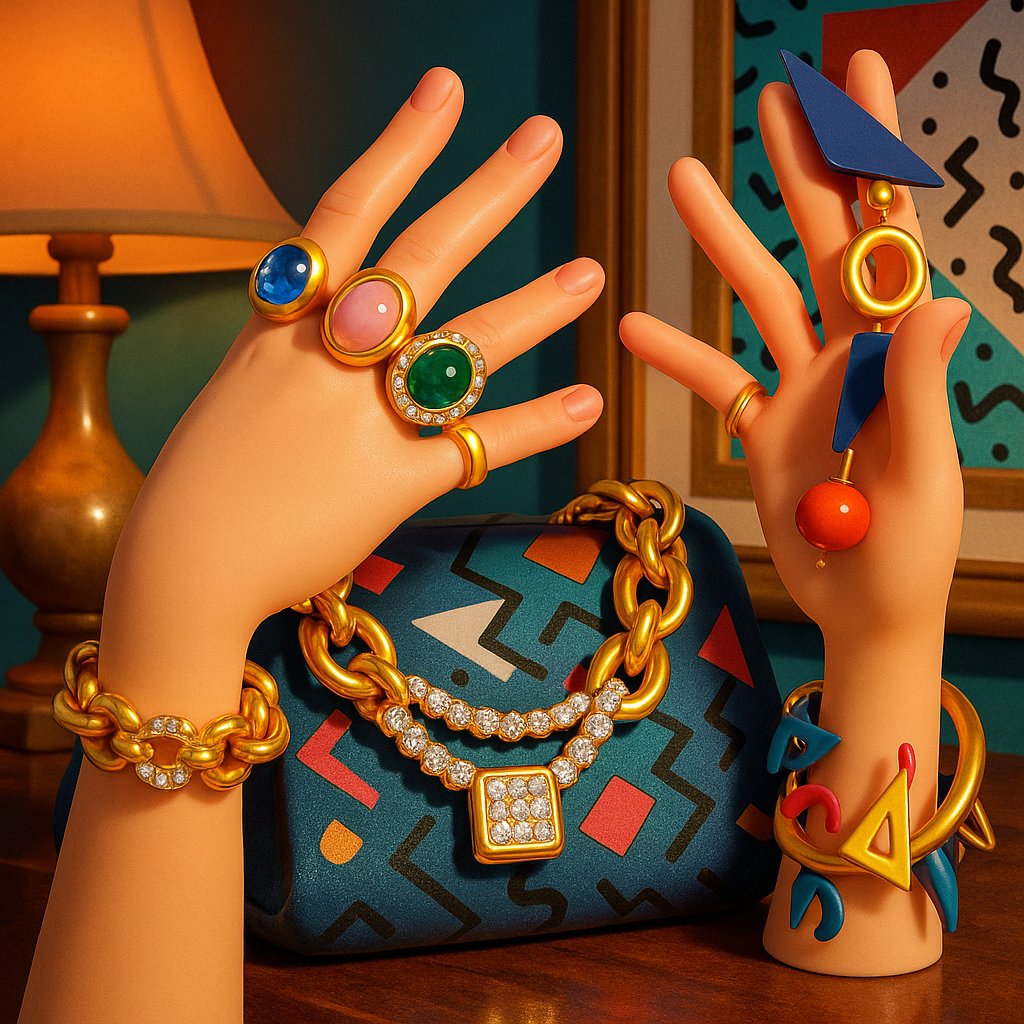 Eclectic postmodern jewelry collection featuring mixed metals, unusual shapes, and historical references