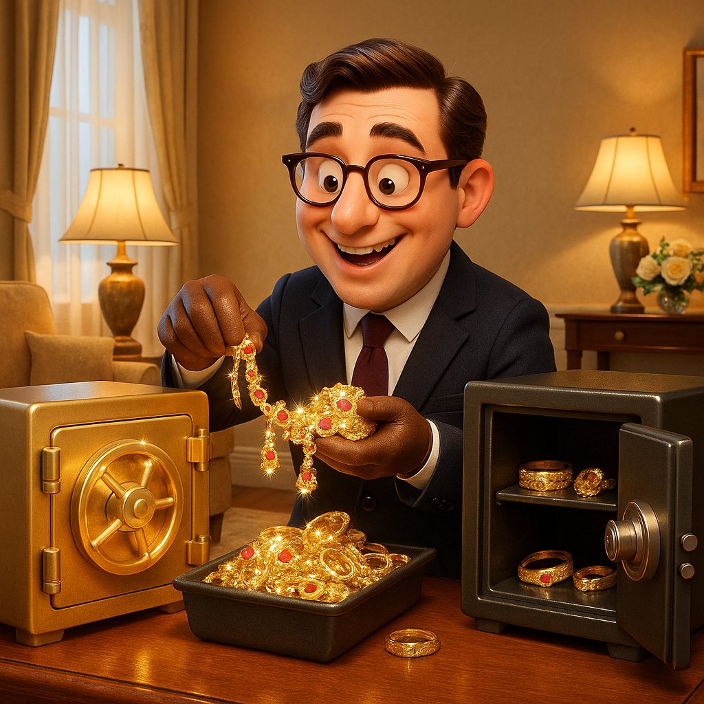 A selection of fine jewelry including diamond rings, pearl necklaces, and gold bracelets laid out on velvet, next to a secure safe and a vault door, illustrating the topic of long-term jewelry storage options.