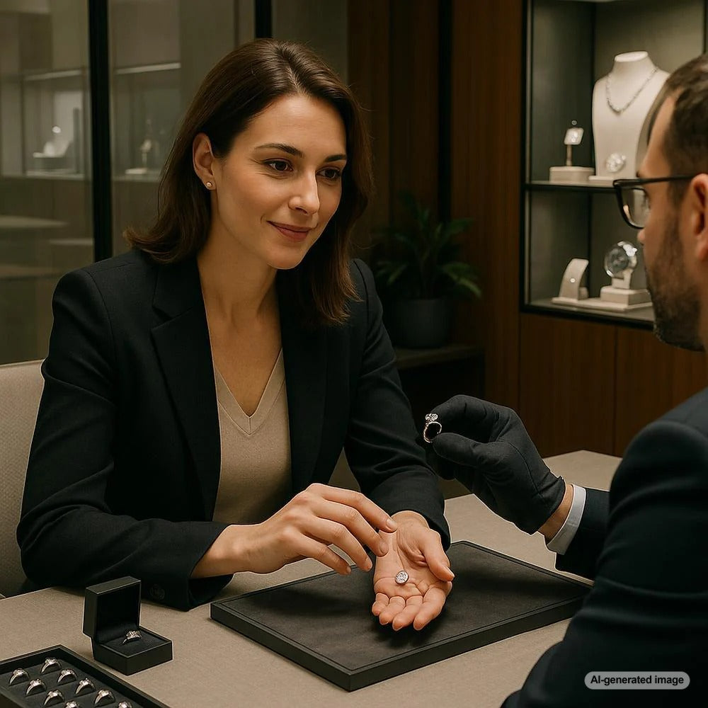 Woman enjoying a private jeweler consultation at Robinson's Jewelers