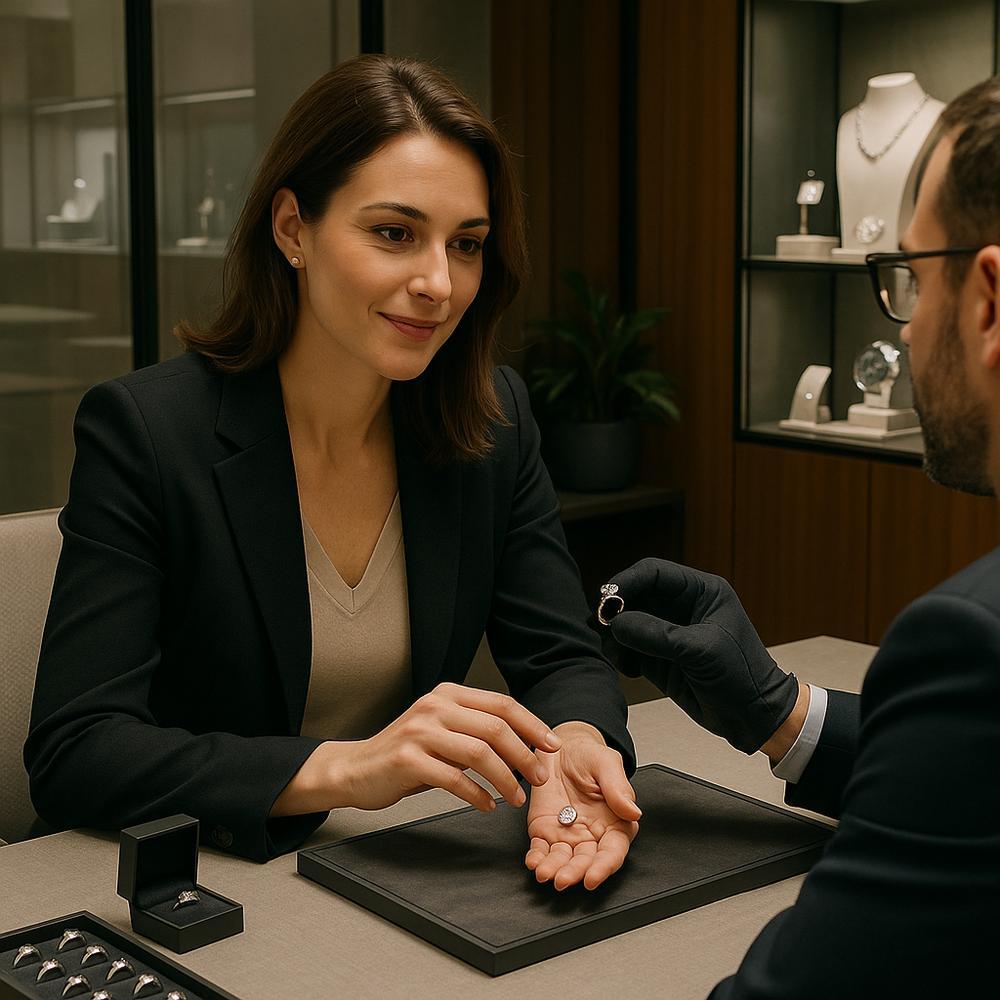 Woman enjoying a private jeweler consultation at Robinson's Jewelers