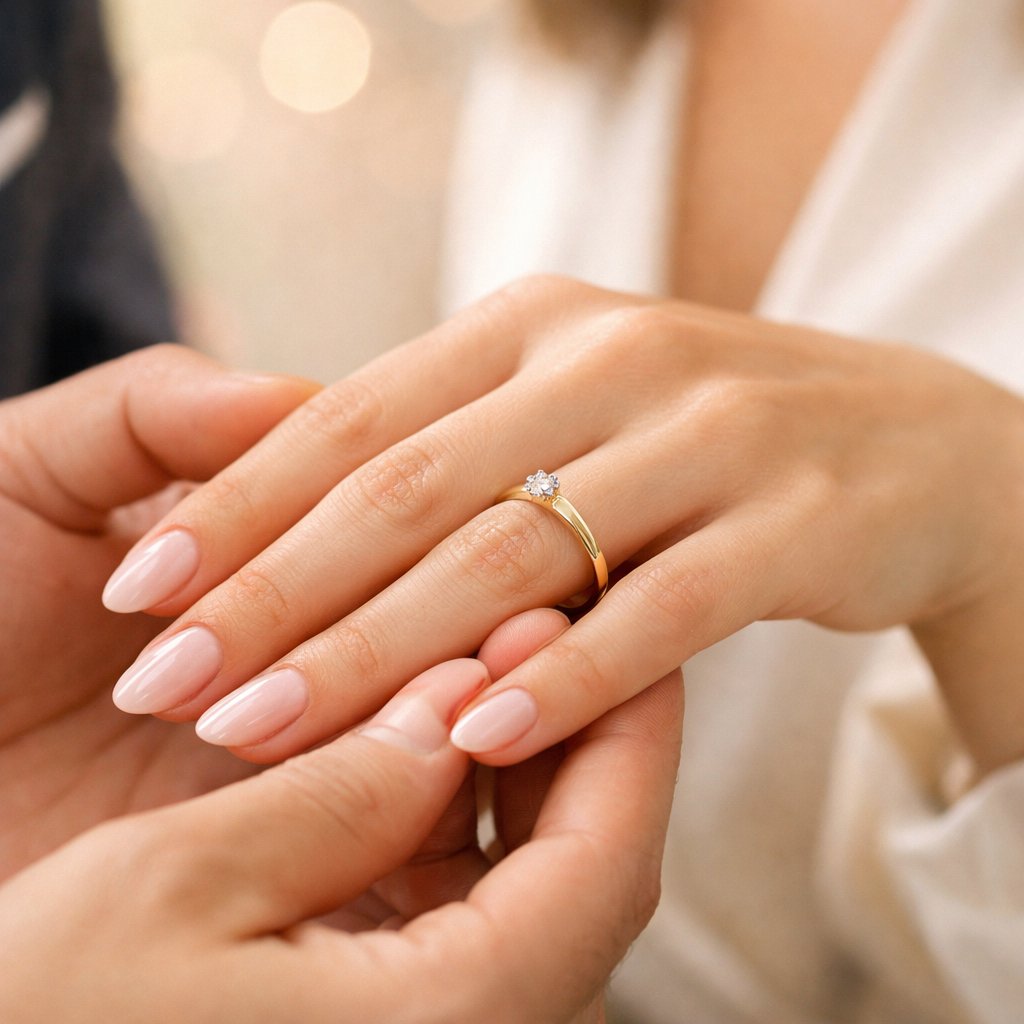 Close-up of a delicate diamond promise ring on a woman's hand, showcasing the ring's elegance and sparkle.