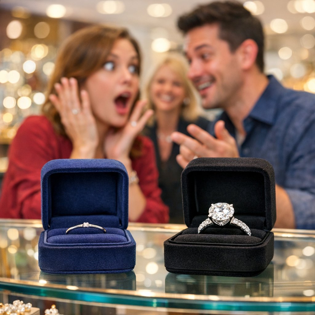 A beautiful flat lay showing a delicate diamond promise ring next to a sparkling solitaire engagement ring on a silk cloth.