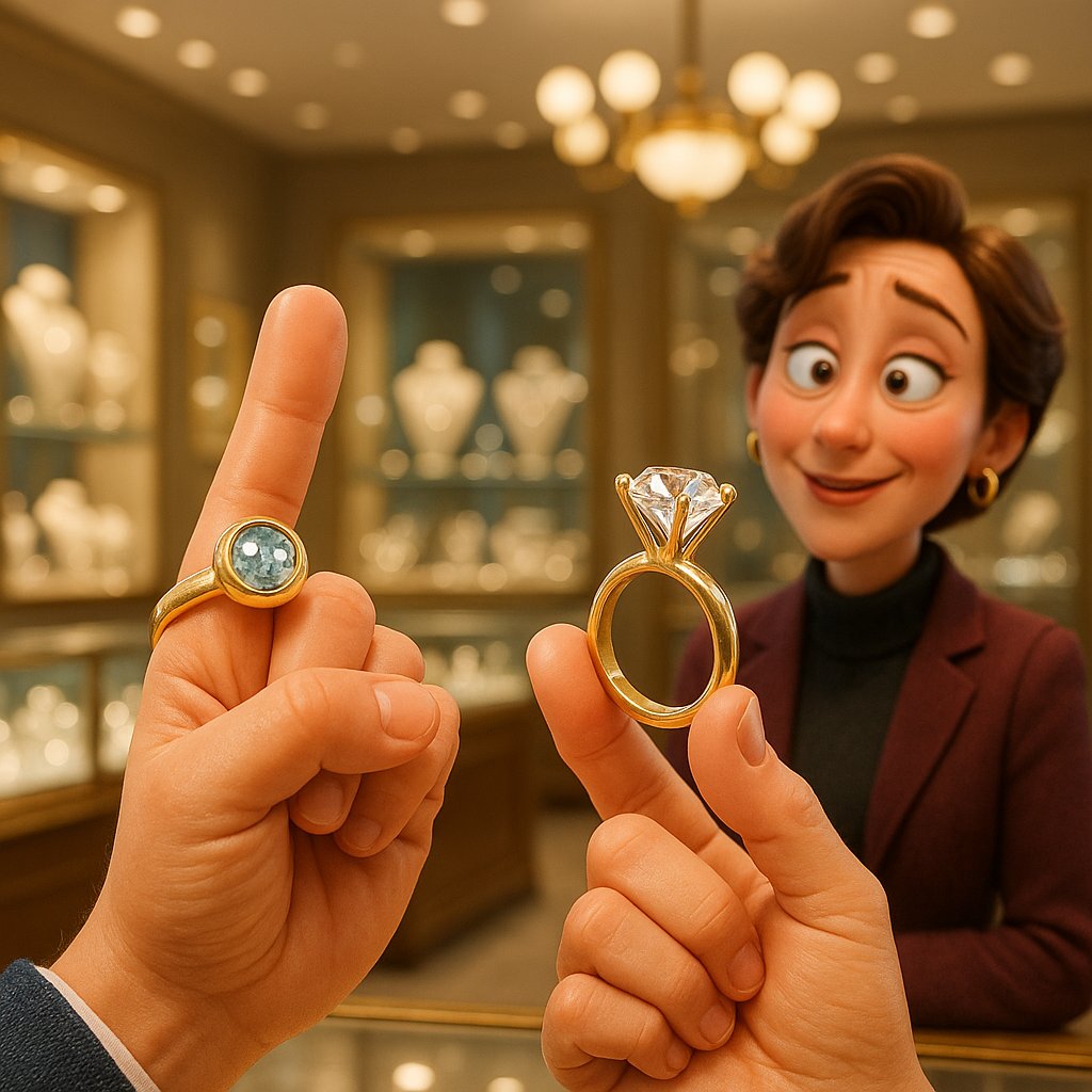 Close up comparison of a bezel set diamond ring versus a prong set diamond ring on a person's hand