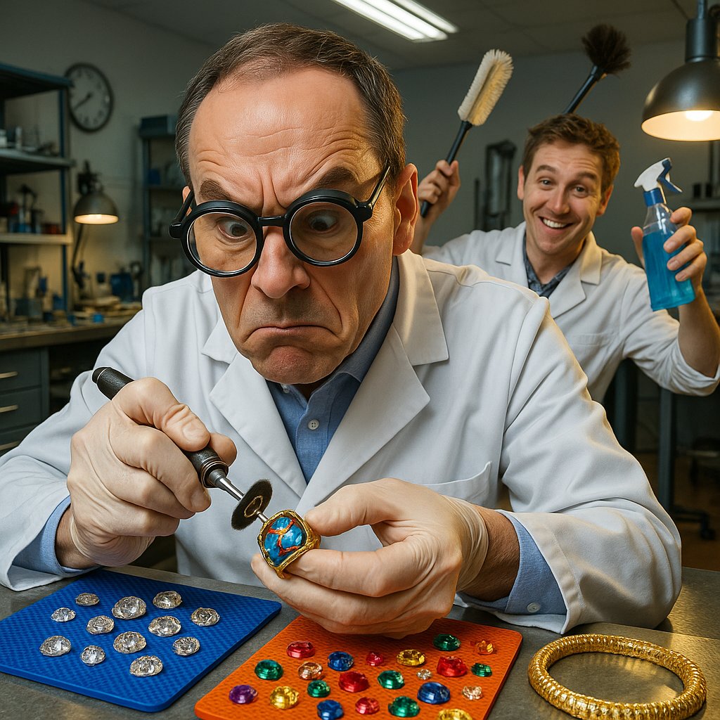 Close-up of a jeweler's hands performing delicate cleaning on a vibrant blue and green enamel ring at Robinson's Jewelers.