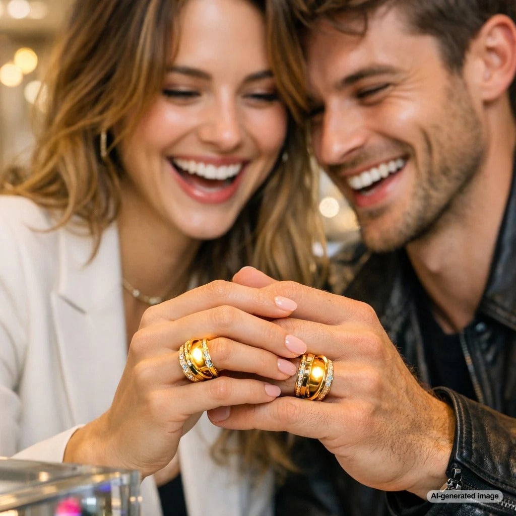 A modern couple's hands wearing matching sleek, contemporary quantum entanglement style rings on their fingers, symbolizing connection.
