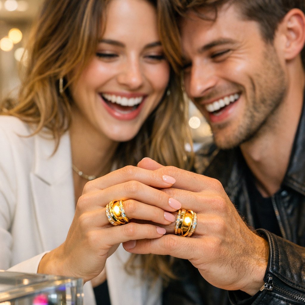 A modern couple's hands wearing matching sleek, contemporary quantum entanglement style rings on their fingers, symbolizing connection.