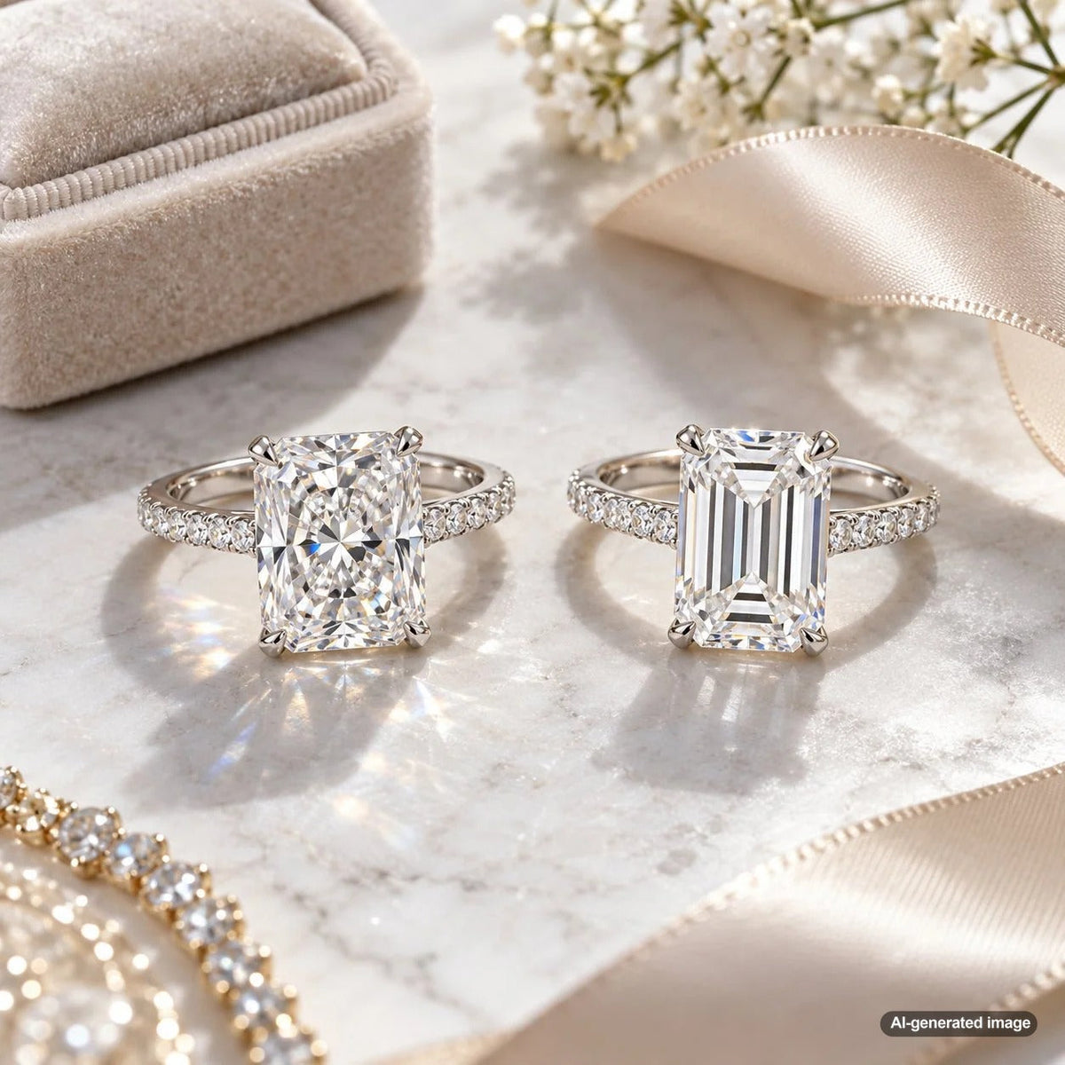 Radiant-cut versus emerald-cut lab-grown diamonds showing brilliant sparkle and elegant step-cut facets for engagement rings