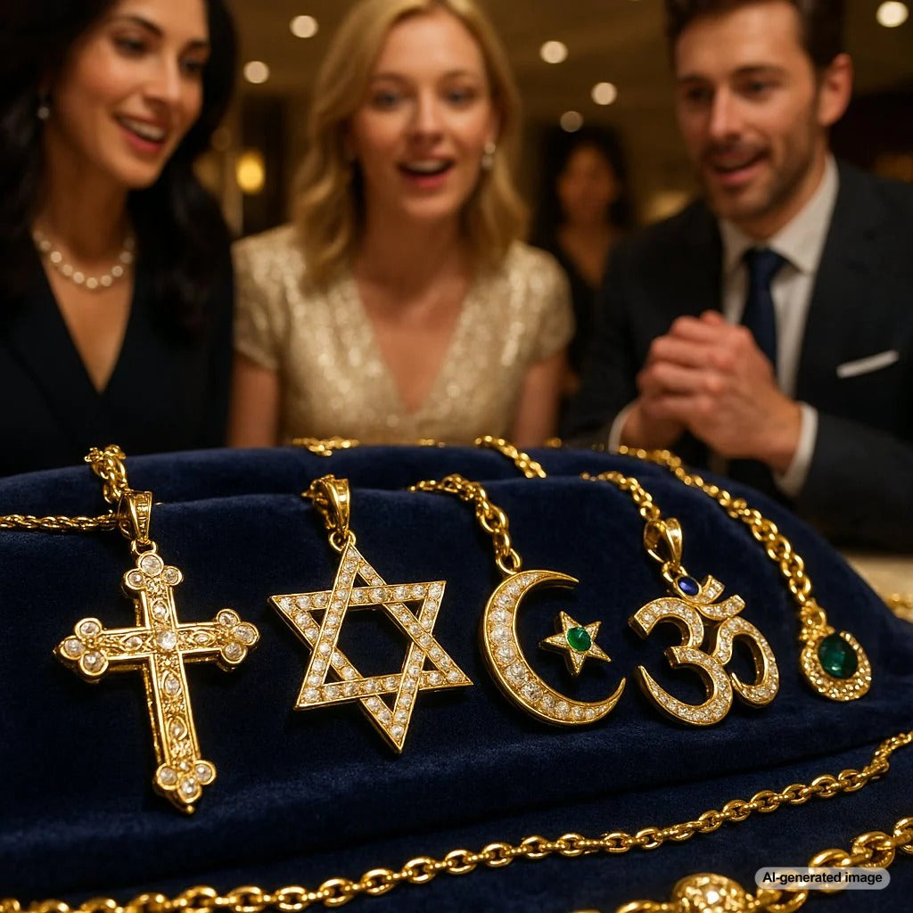 Assortment of elegant religious jewelry including Hamsa hand, Buddha, and Eye of Horus pendants from Robinson's Jewelers
