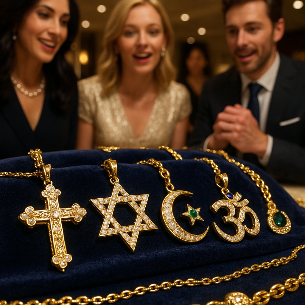 Assortment of elegant religious jewelry including Hamsa hand, Buddha, and Eye of Horus pendants from Robinson's Jewelers