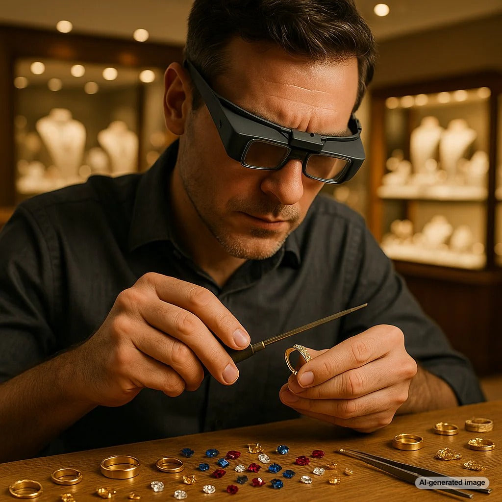 Close-up professional photo of a diamond channel-set ring being carefully examined by a jeweler's tweezers on a workshop bench.