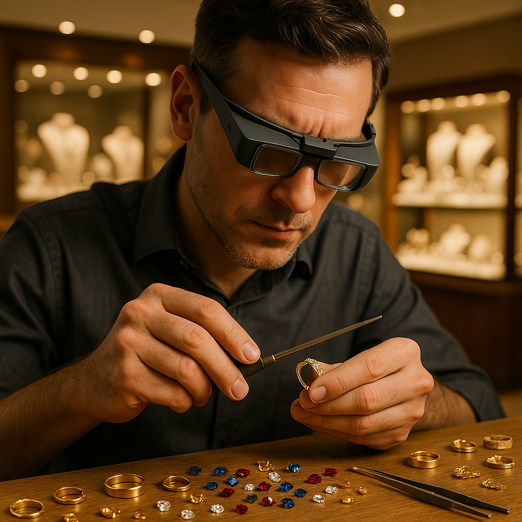 Close-up professional photo of a diamond channel-set ring being carefully examined by a jeweler's tweezers on a workshop bench.