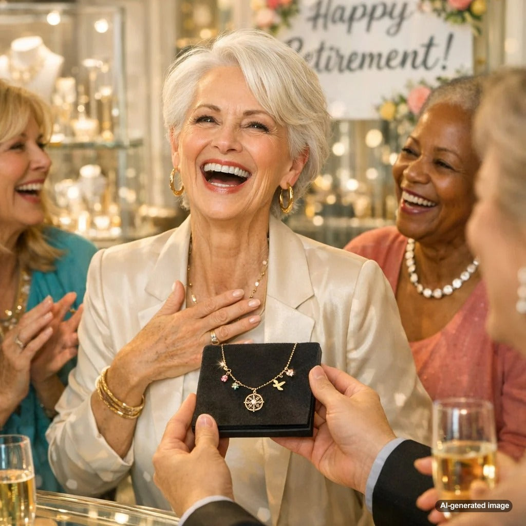 A curated collection of retirement gift jewelry including a compass necklace, butterfly pendant, and sparkling gemstone earrings on a serene blue background symbolizing freedom and new adventures.