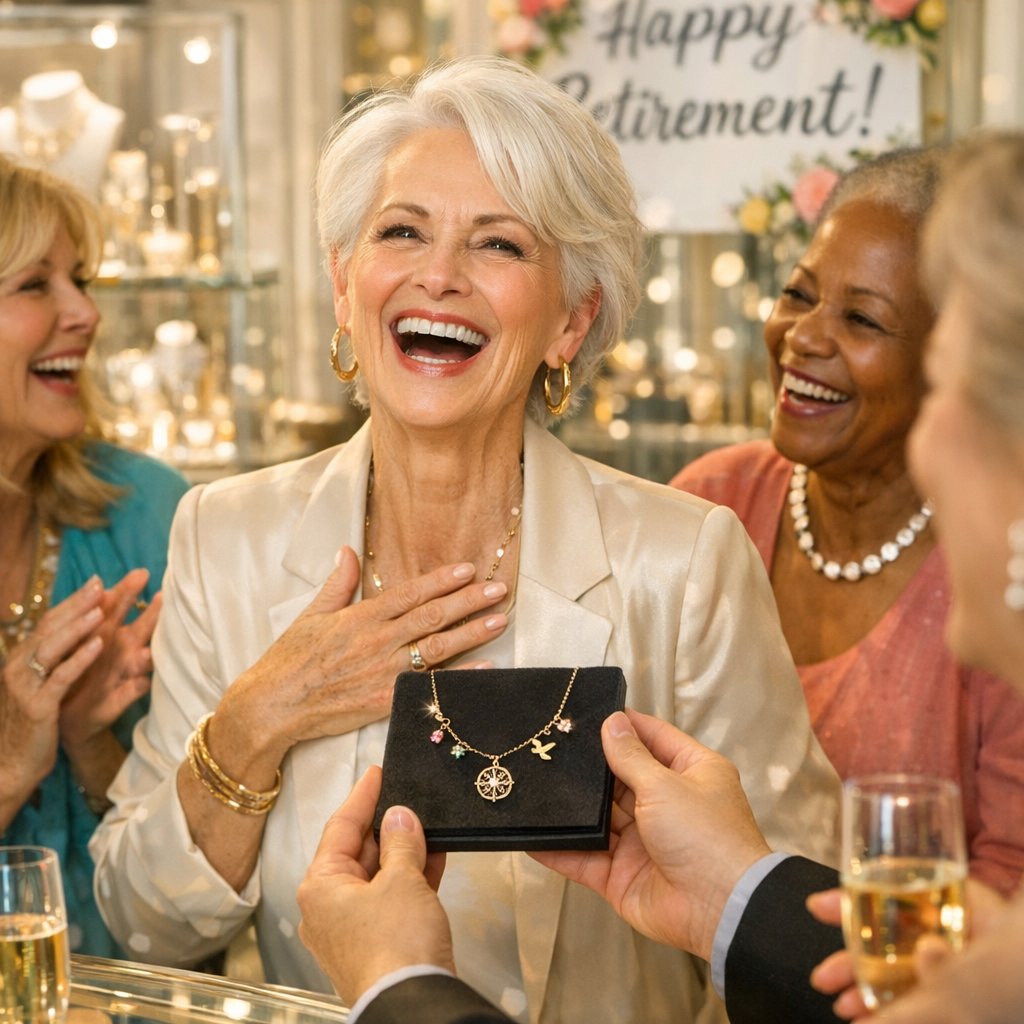 A curated collection of retirement gift jewelry including a compass necklace, butterfly pendant, and sparkling gemstone earrings on a serene blue background symbolizing freedom and new adventures.