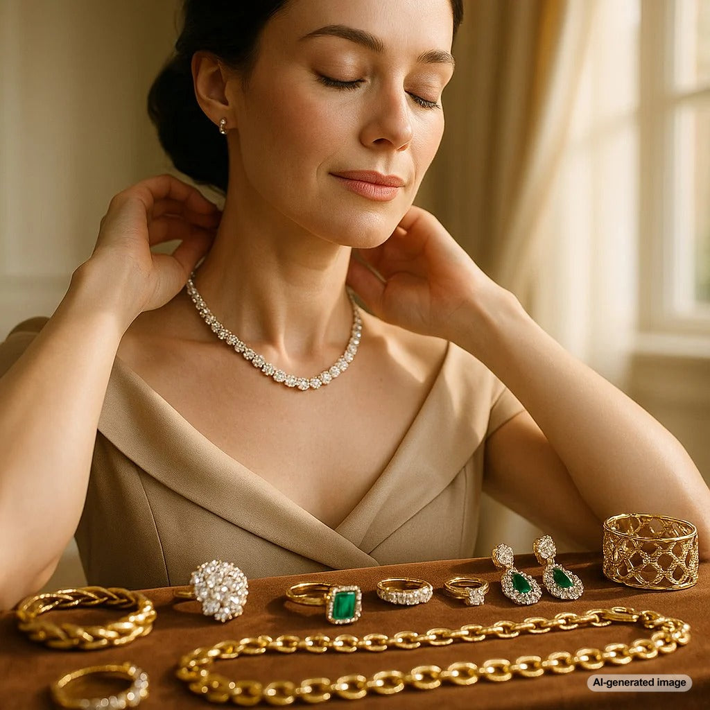 Woman smiling while admiring a beautiful diamond tennis bracelet on her wrist as a self-reward for personal achievements