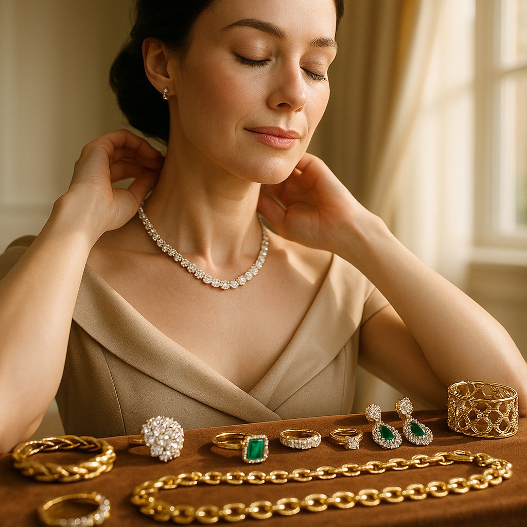 Woman smiling while admiring a beautiful diamond tennis bracelet on her wrist as a self-reward for personal achievements