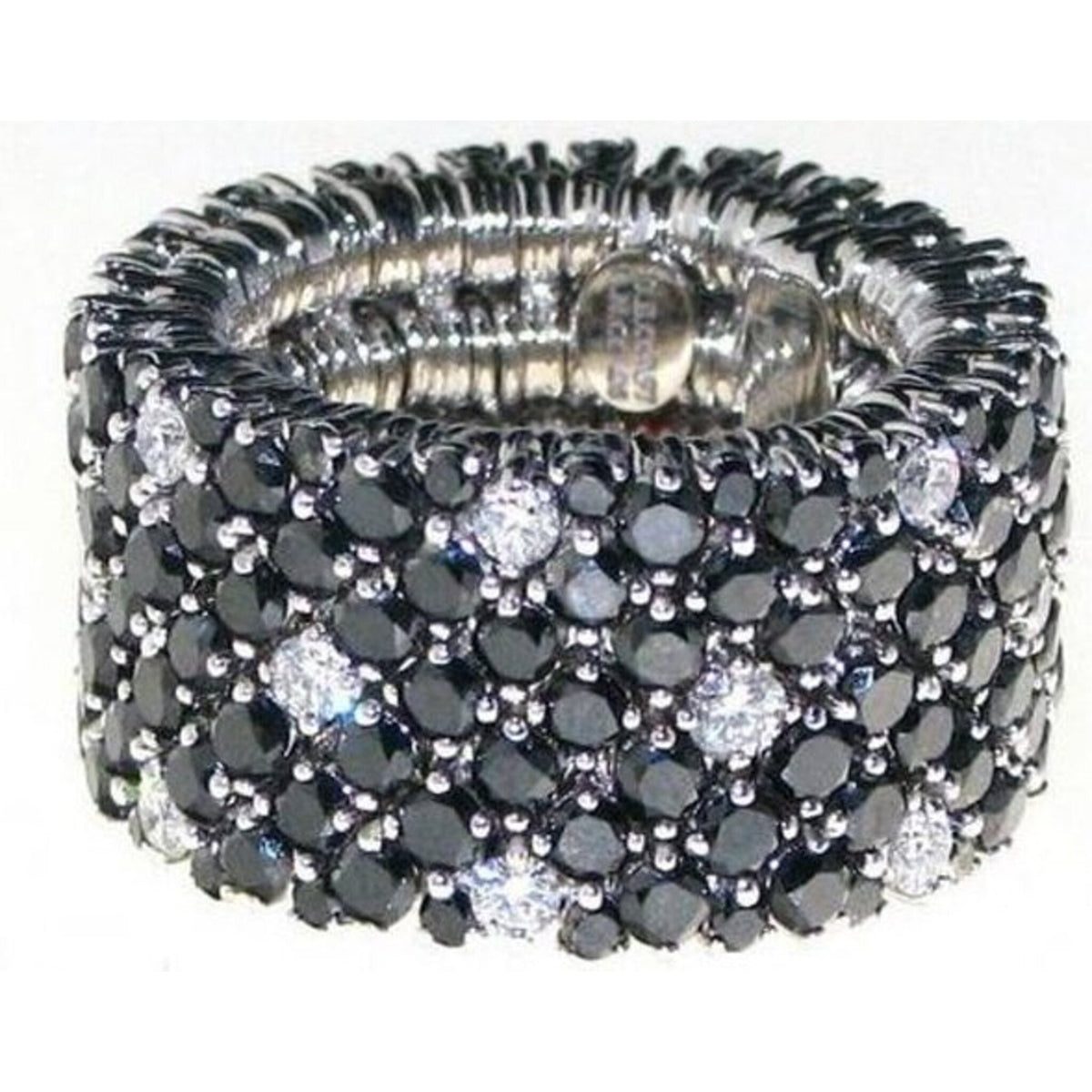 Roberto Demeglio 4-Row Black Diamond and Diamond Spot Stretch Ring in 18K White Gold