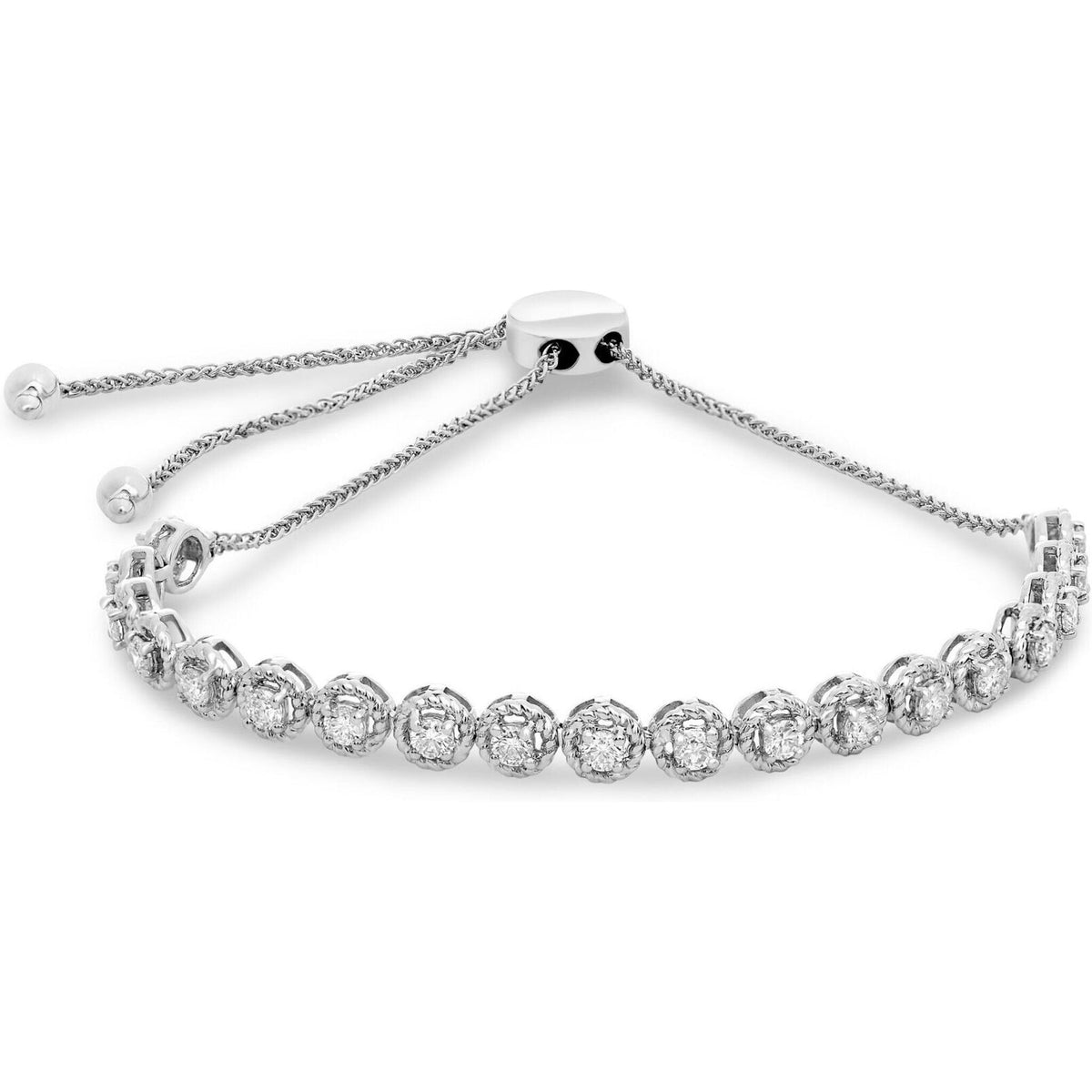 14K White Gold Braided Bolo Bracelet with 0.74 Carat Round Cut Diamonds