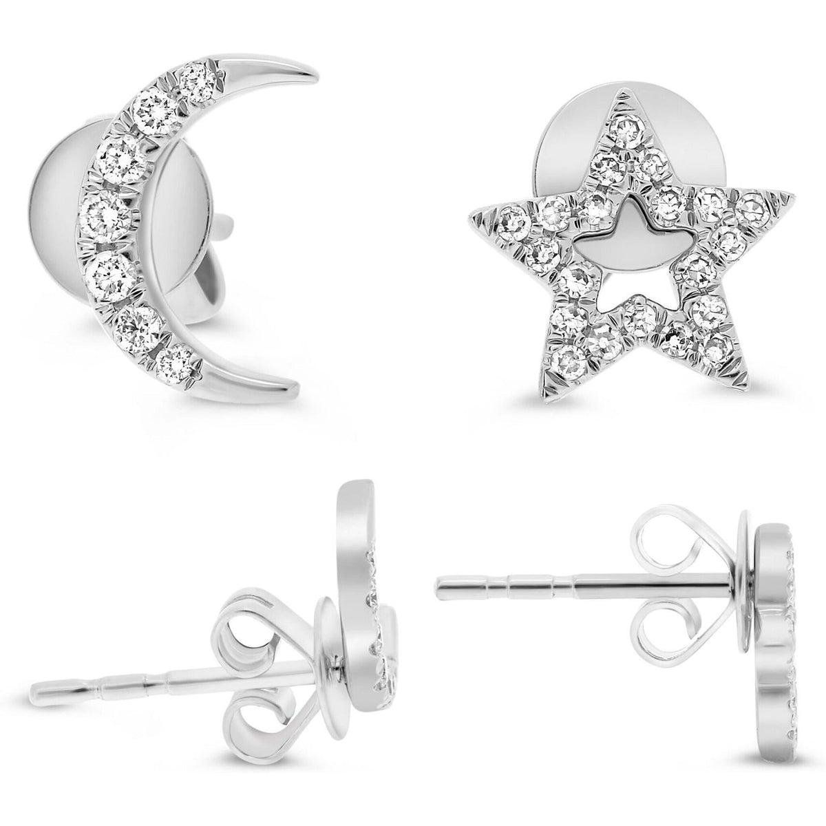 Roman & Jules 14K White Gold Moon and Star Stud Earrings with Diamond Accents