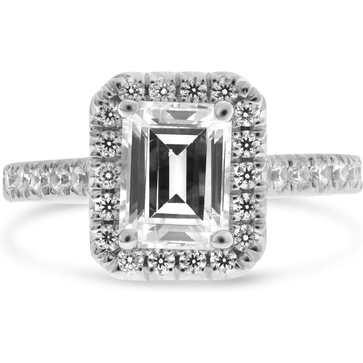 Roman & Jules 14K White Gold Four Prong Halo Engagement Ring with Emerald-Cut Diamond