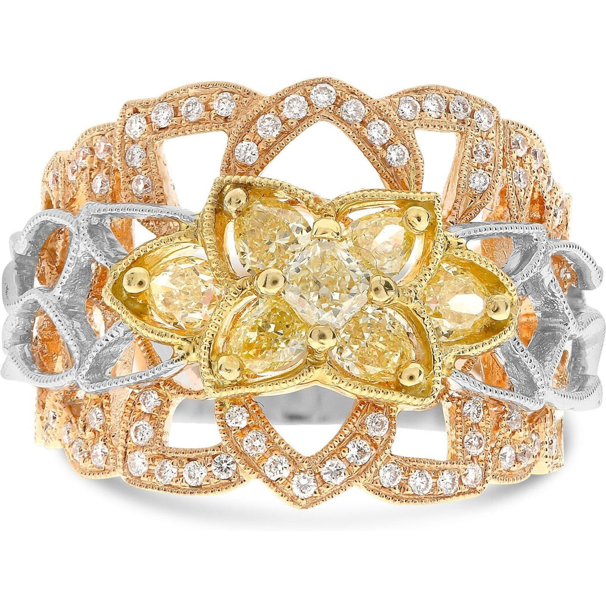 Roman & Jules 18K Tricolor Gold Fashion Ring with Yellow and White Diamonds showcasing brilliant sparkle and elegant design
