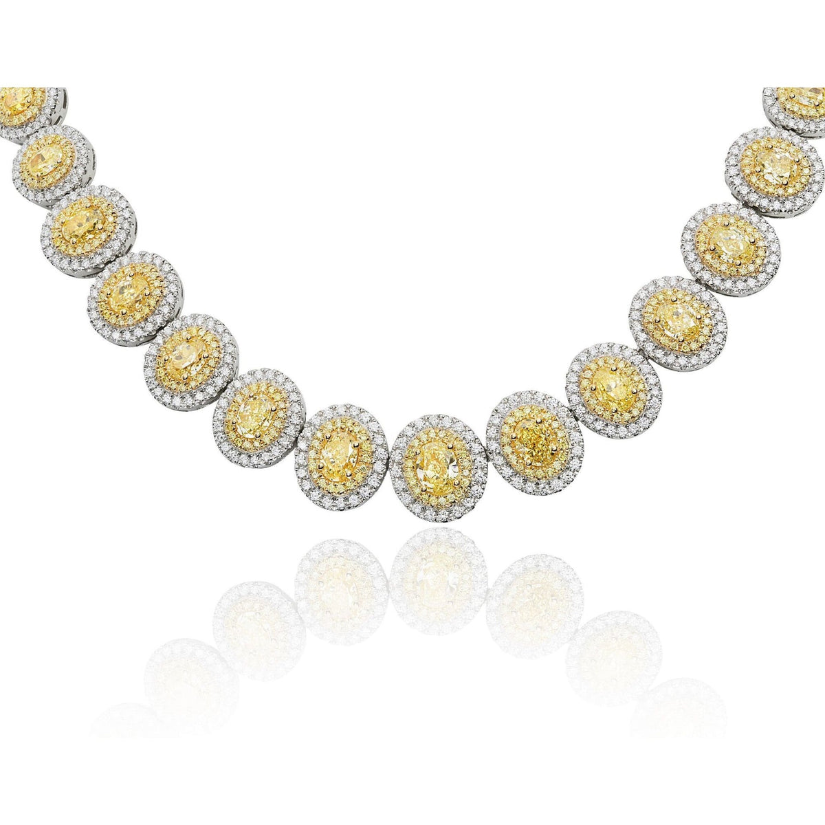 Elegant Roman Jules 18K White and Yellow Gold Oval Double Halo Diamond Necklace