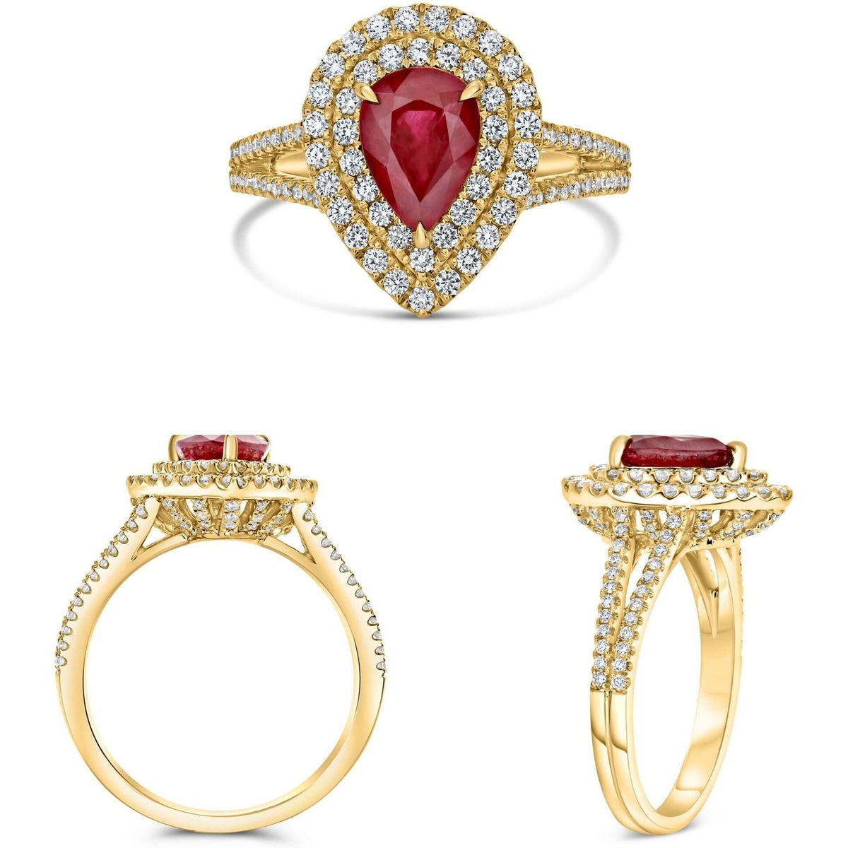 Roman & Jules 18K Yellow Gold Pear-Shaped Ruby Ring with Diamond Halo