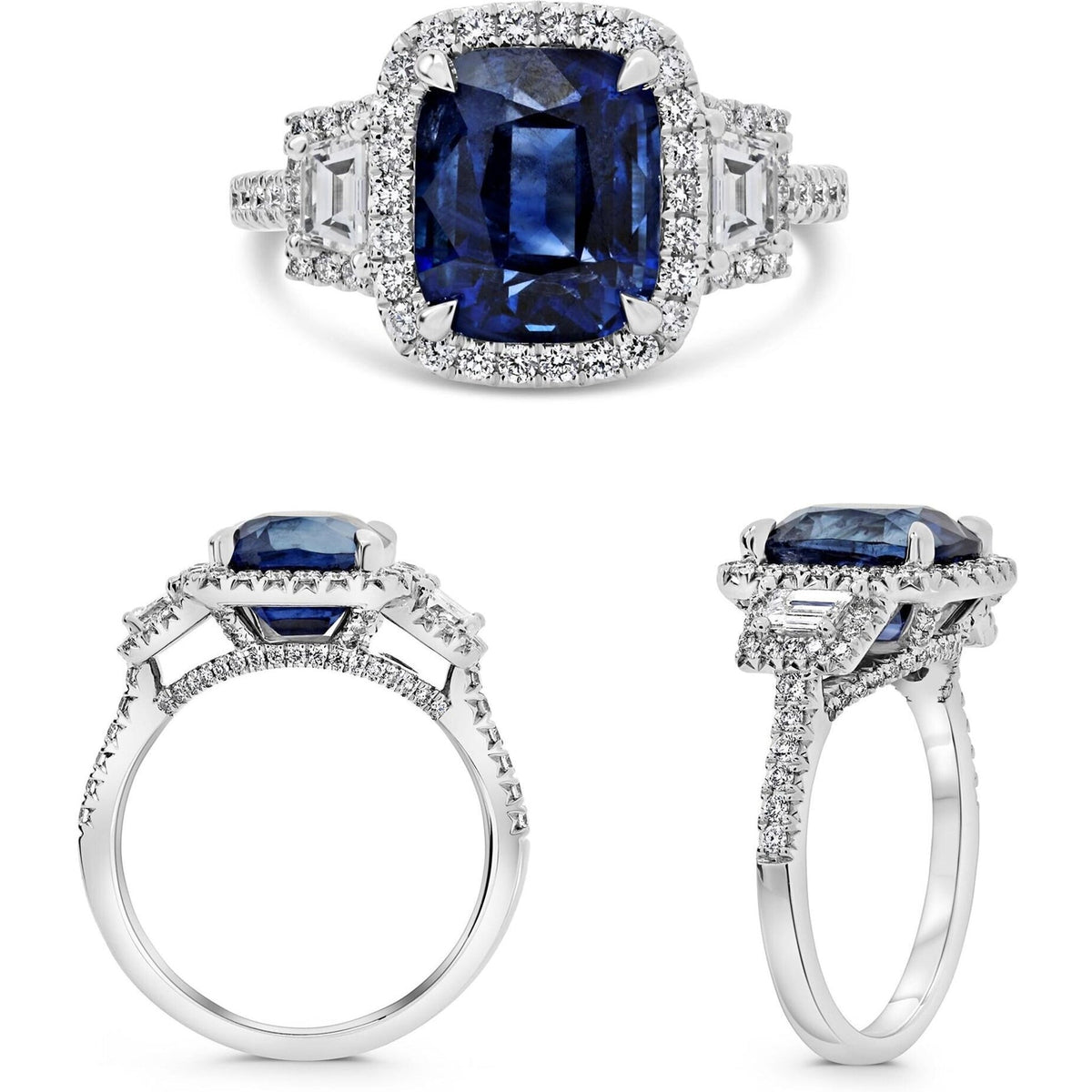 4.57 carat cushion-cut sapphire platinum engagement ring by Roman & Jules