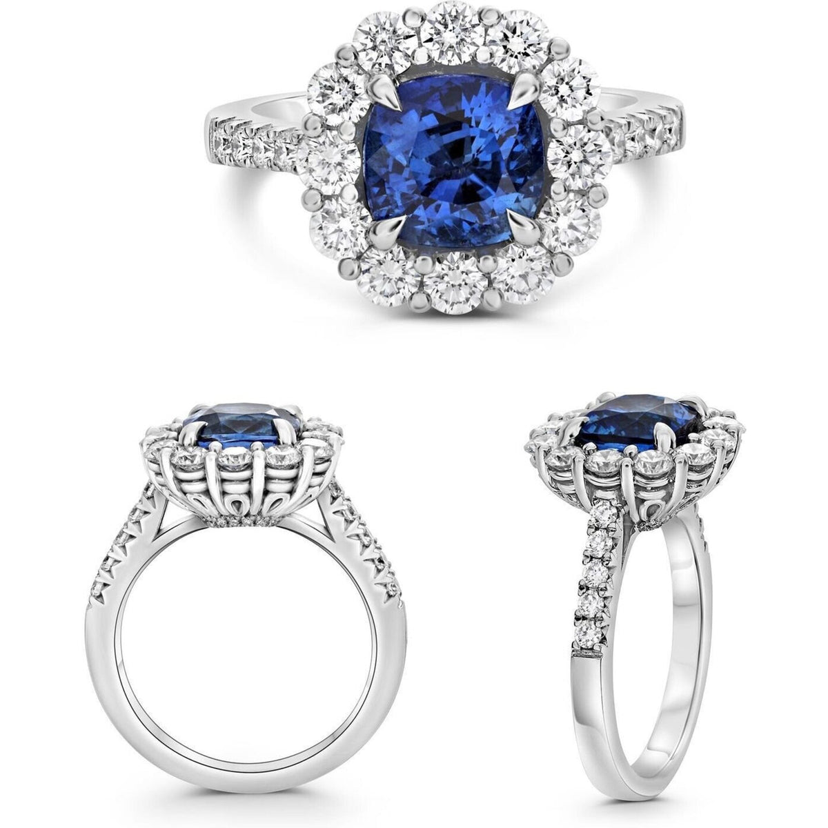 Roman & Jules Platinum Cushion Sapphire Ring with 1.30 Carat Diamond and 3.25 Carat Sapphires