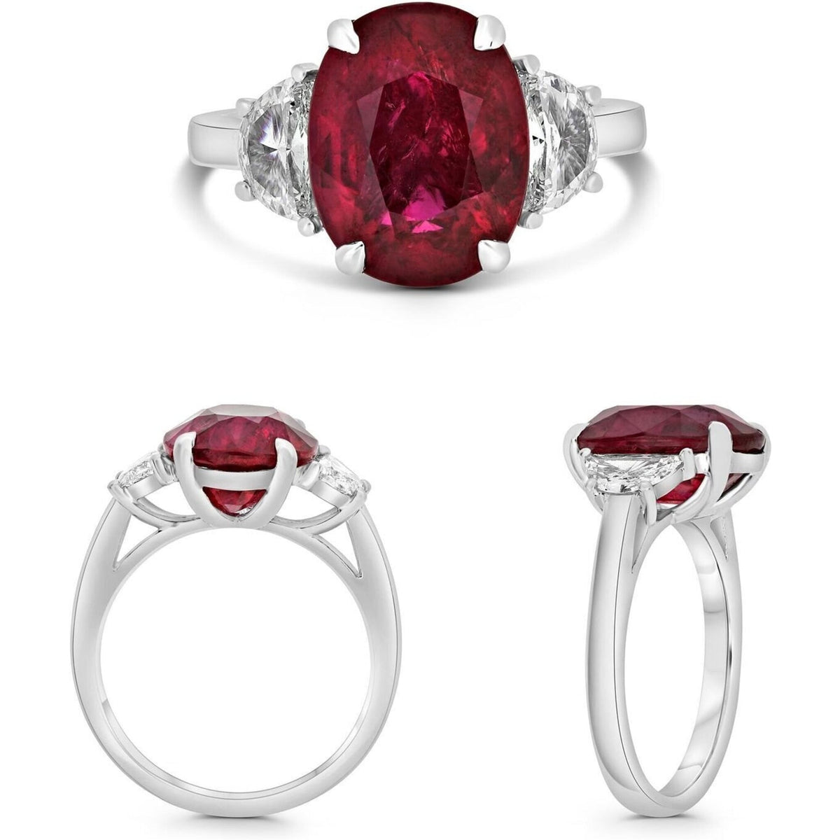 Platinum three-stone ruby and diamond engagement ring