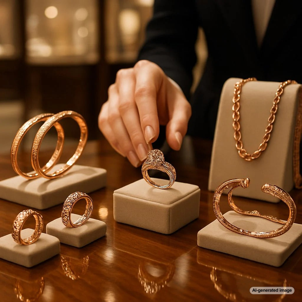 A stunning collection of rose gold rings, bracelets, and necklaces displayed on a velvet background