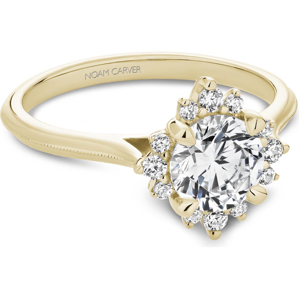 Round Cut Diamond Engagement Ring with Asymmetrical Floral Halo in Yellow Gold by Noam Carver