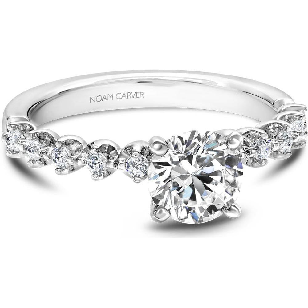 Round Cut Diamond Engagement Ring with Side Diamonds and Classic Band in White Gold by Noam Carver